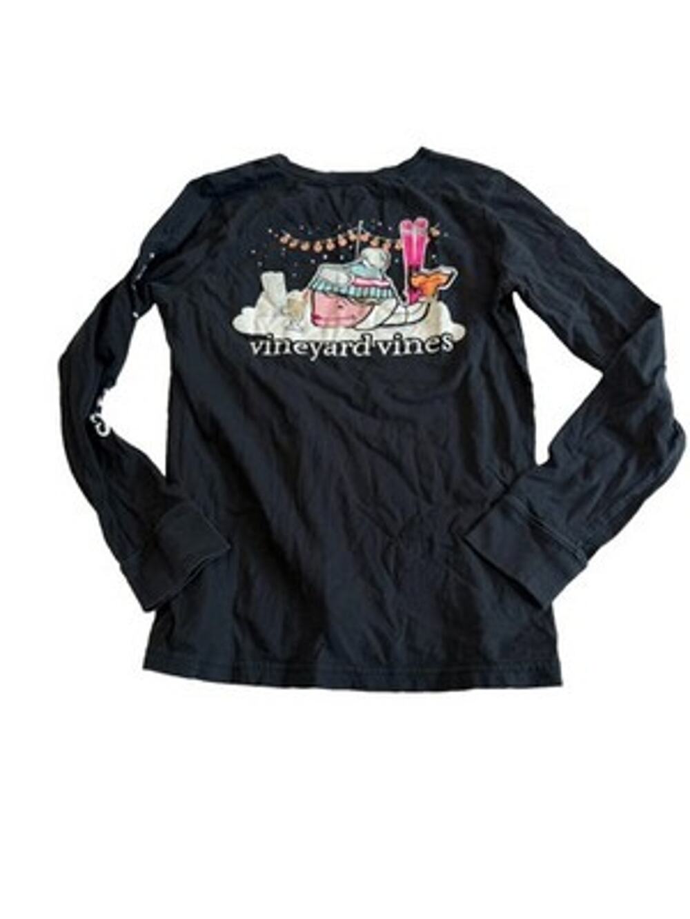 Vineyard Vines Womens XS Black Apres Ski Whale Long Sleeve Pocket T-Shirt